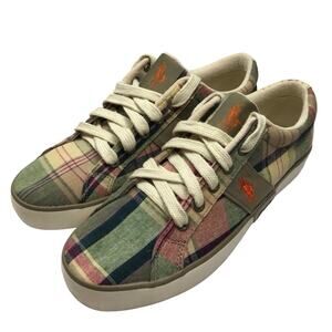 POLO Ralph Lauren Sneaker GILES Pink/Green Plaid Canvas Tennis Shoes Sneakers 8D